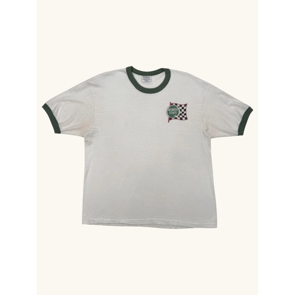 Vintage Hanes Quaker State Ringer T-Shirt XL White Green Racing Made in USA 80s